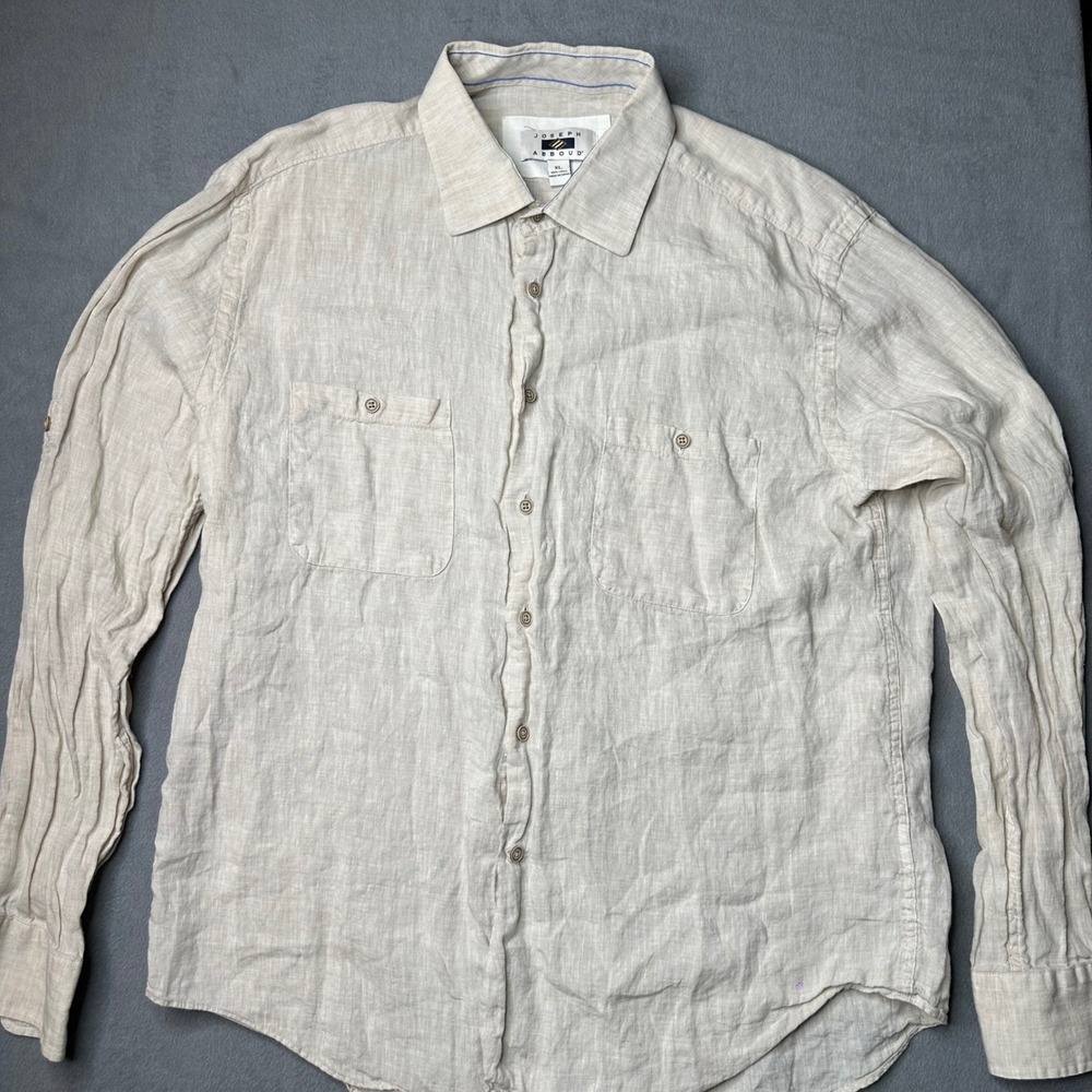 Joseph Abboud Button Down Shirt Mens XL Beige 100% Linen Long Sleeve Pocket - Picture 7 of 10